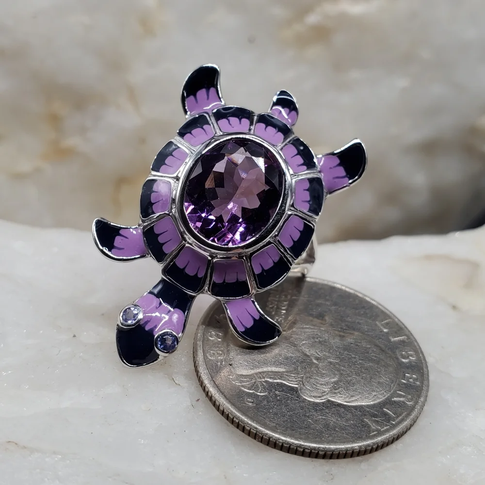 Solid Sterling Silver 925 Large Genuine Amethyst Gemstone Turtle Jewelry